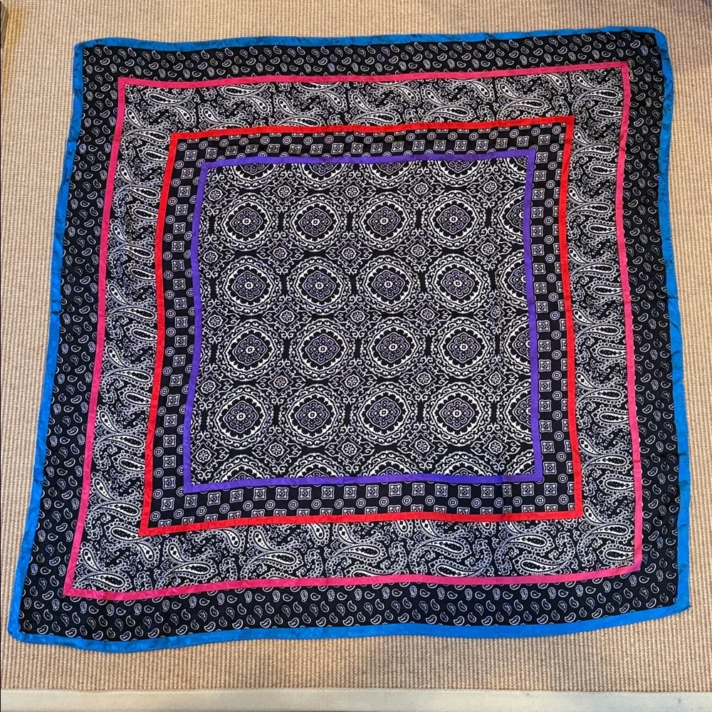 Vintage Large Silk Scarf- Black & White w/ Turquoise, Pink, Red & Purple
